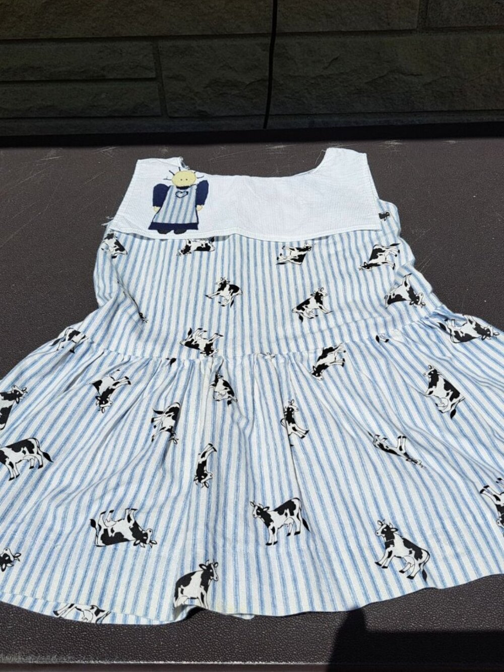 Vtg Handcrafted Girls Blue & White Cow Print Dress Embroidered Angel Striped 3T